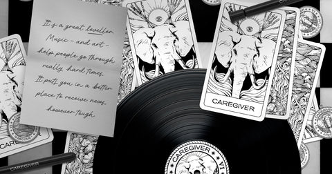 Record surrounded by the Caregiver card and a letter with a quote about the chosen music